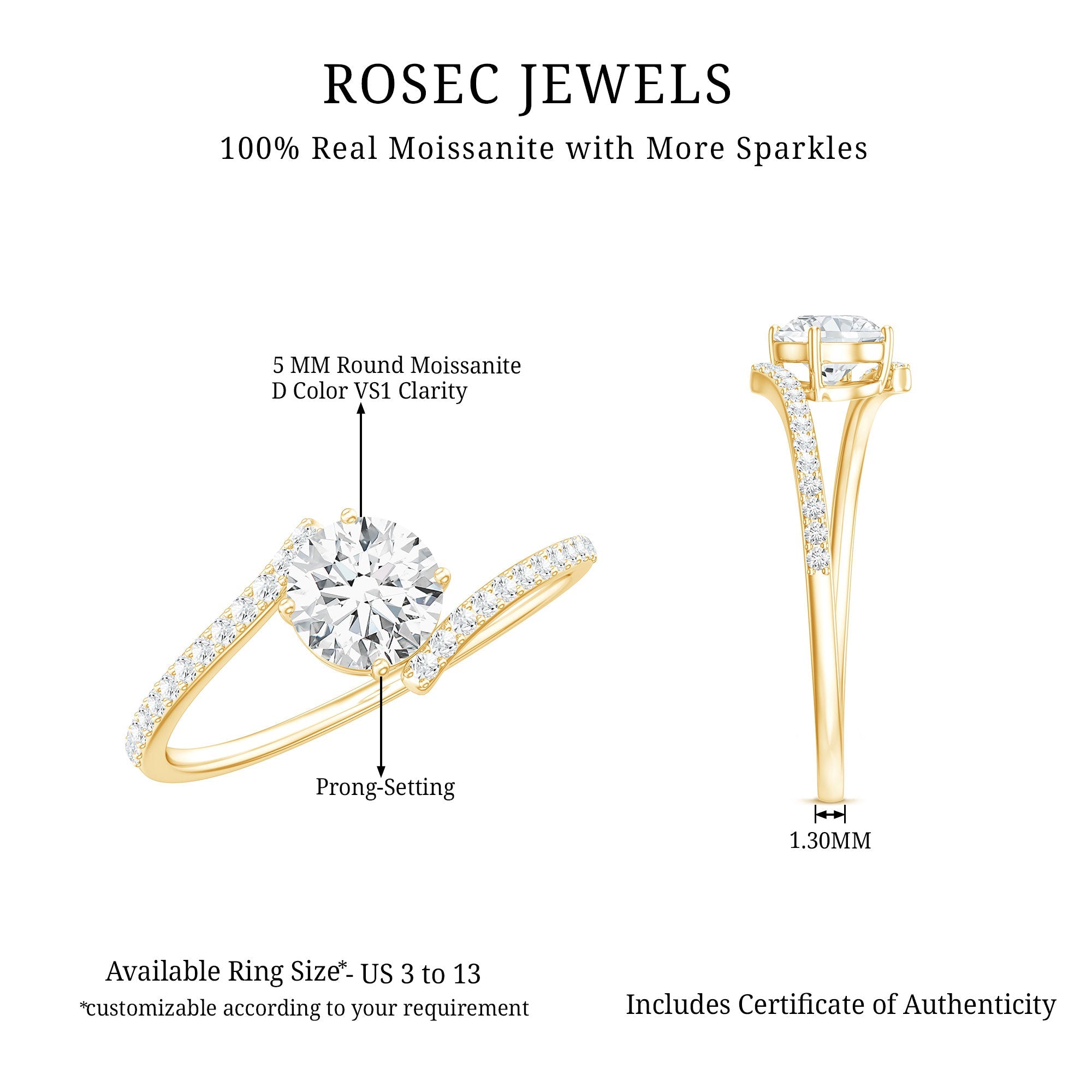 Certified Brilliant Cut Moissanite Solitaire Promise Ring with Bypass Shank