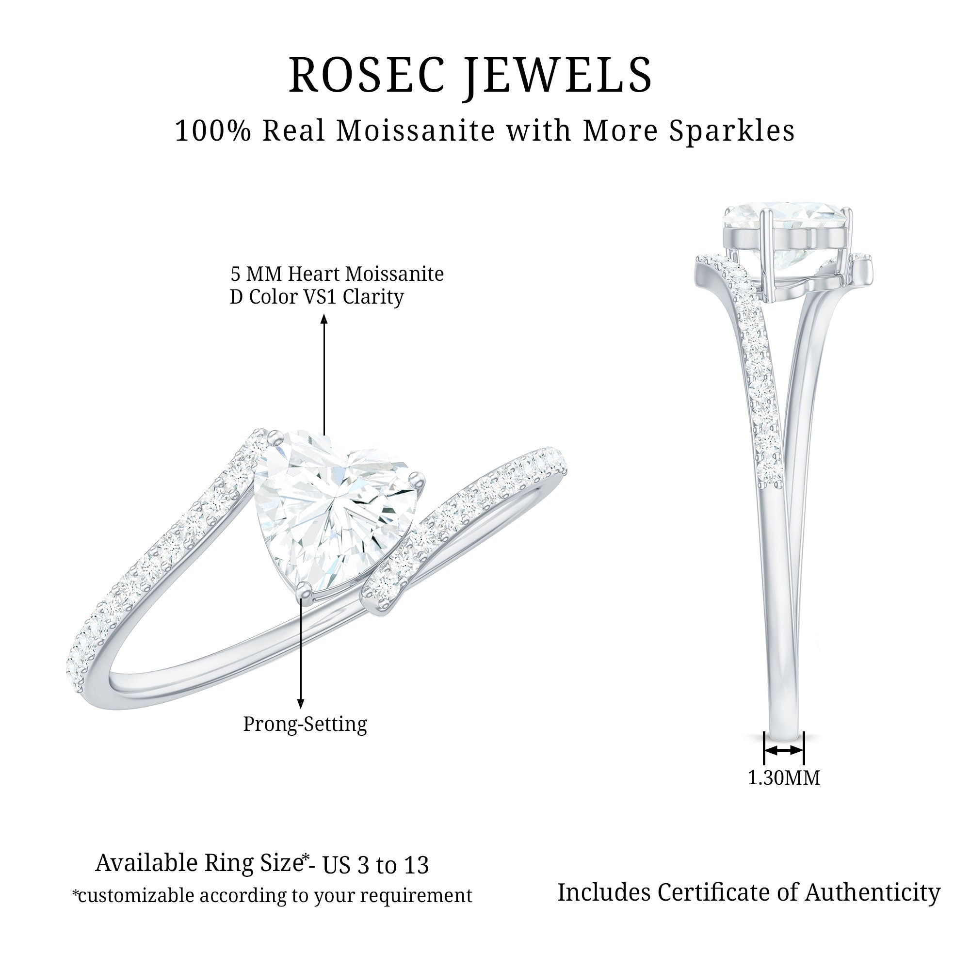 0.5 Carat Heart Shape Moissanite Promise Ring with Bypass Shank