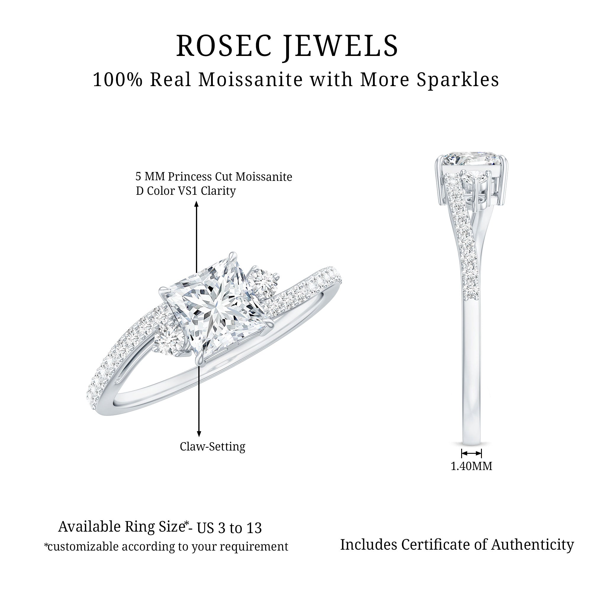 Princess Cut Moissanite Bypass Engagement Ring