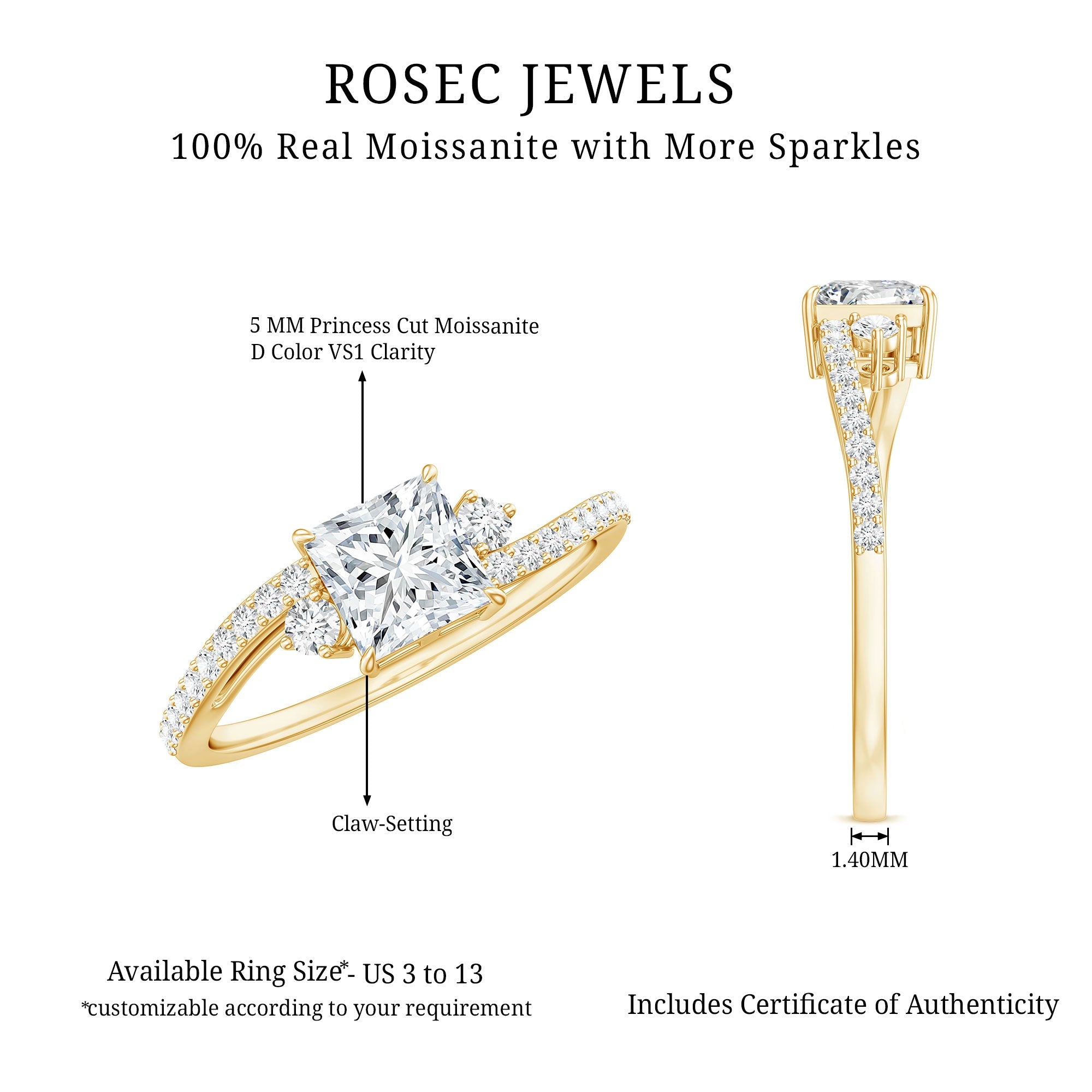 Princess Cut Moissanite Bypass Engagement Ring