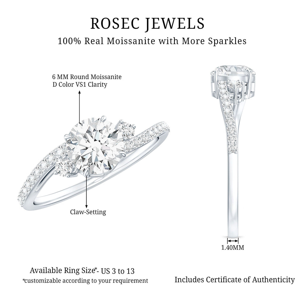 Round Shape Moissanite Bypass Engagement Ring with Side Stones