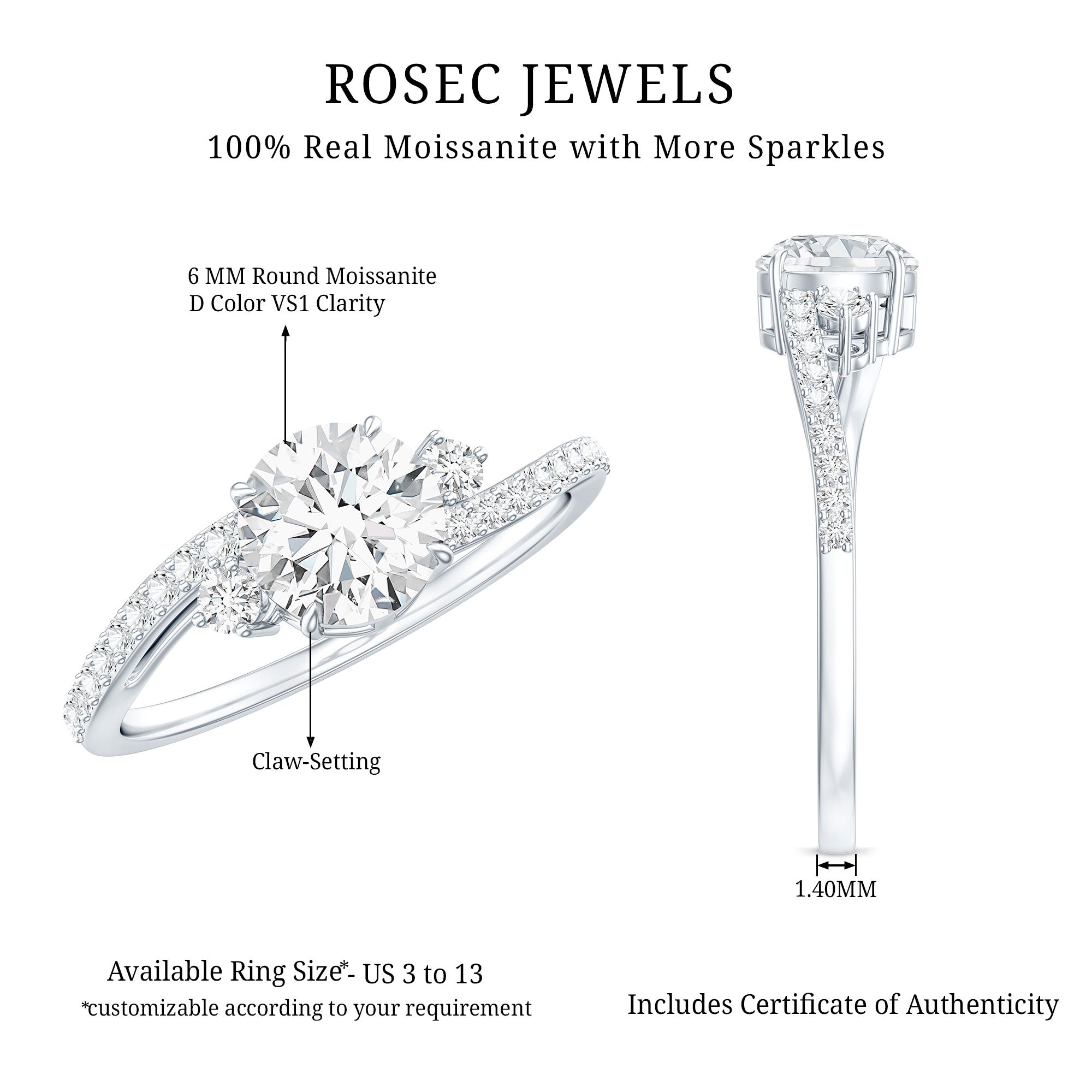 Round Shape Moissanite Bypass Engagement Ring with Side Stones