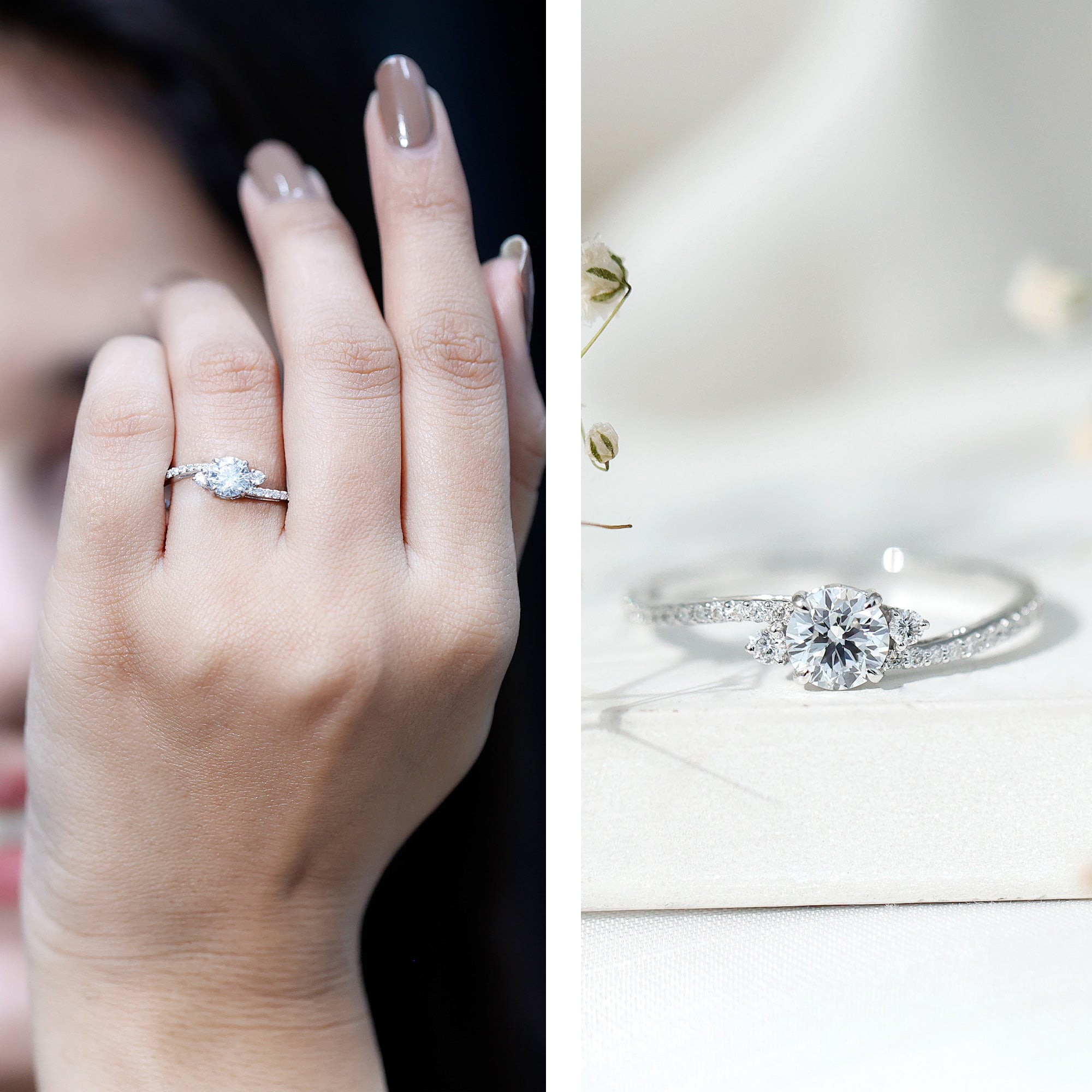 Round Shape Moissanite Bypass Engagement Ring with Side Stones
