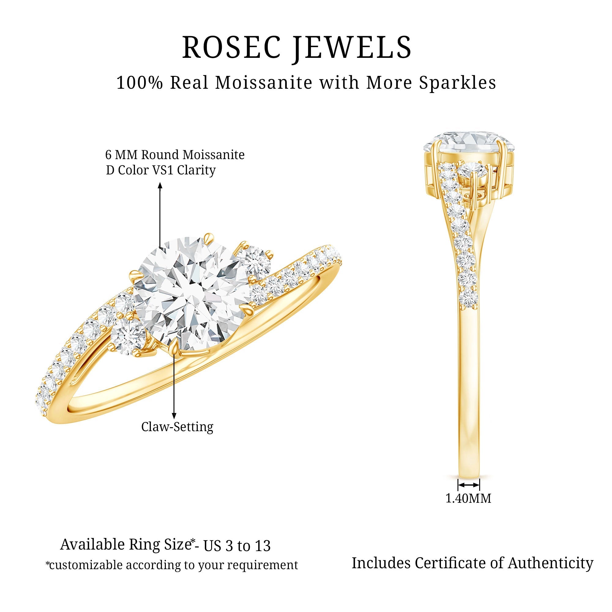 Round Shape Moissanite Bypass Engagement Ring with Side Stones
