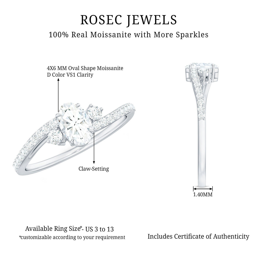 Oval Moissanite Bypass Engagement Ring with Side Stones