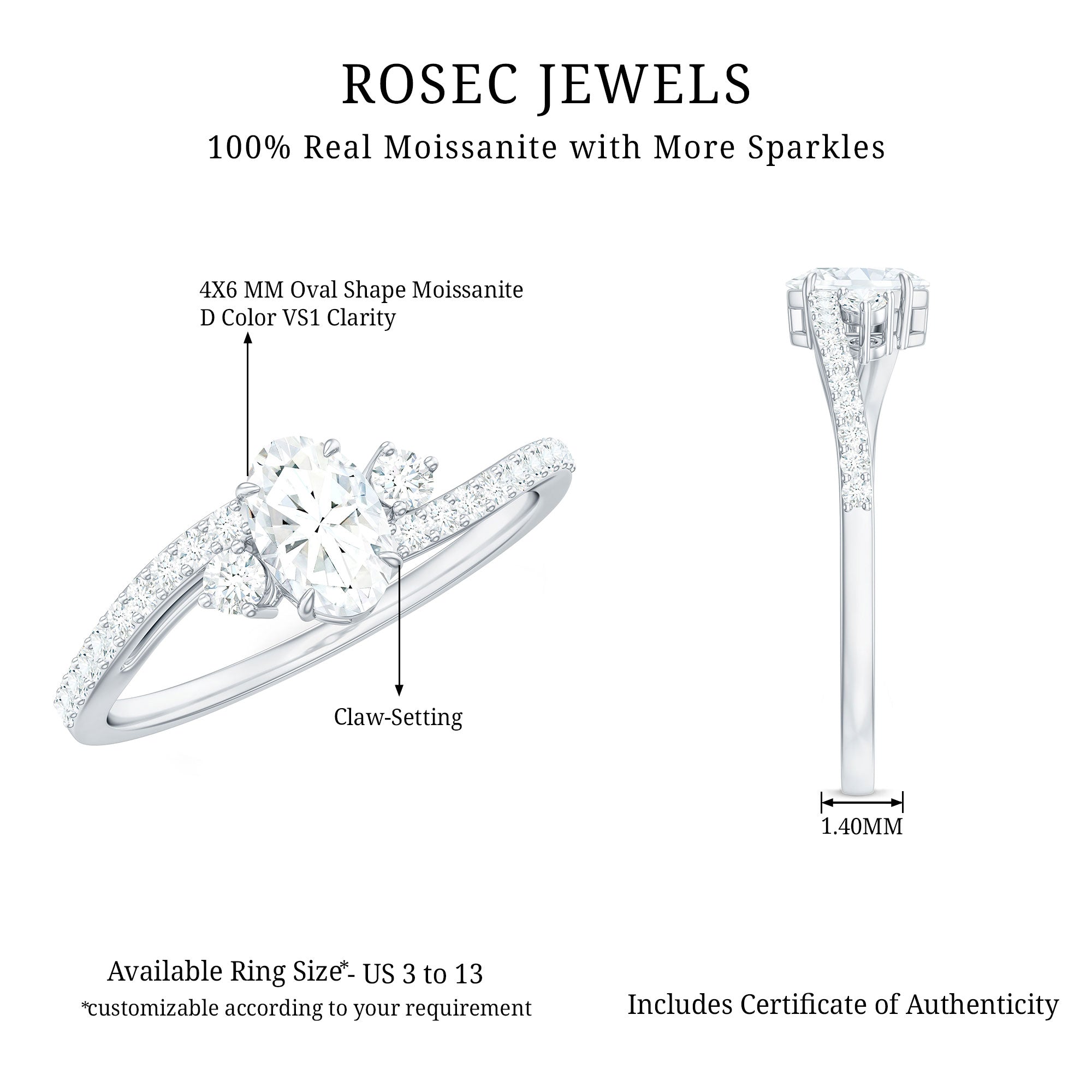 Oval Moissanite Bypass Engagement Ring with Side Stones