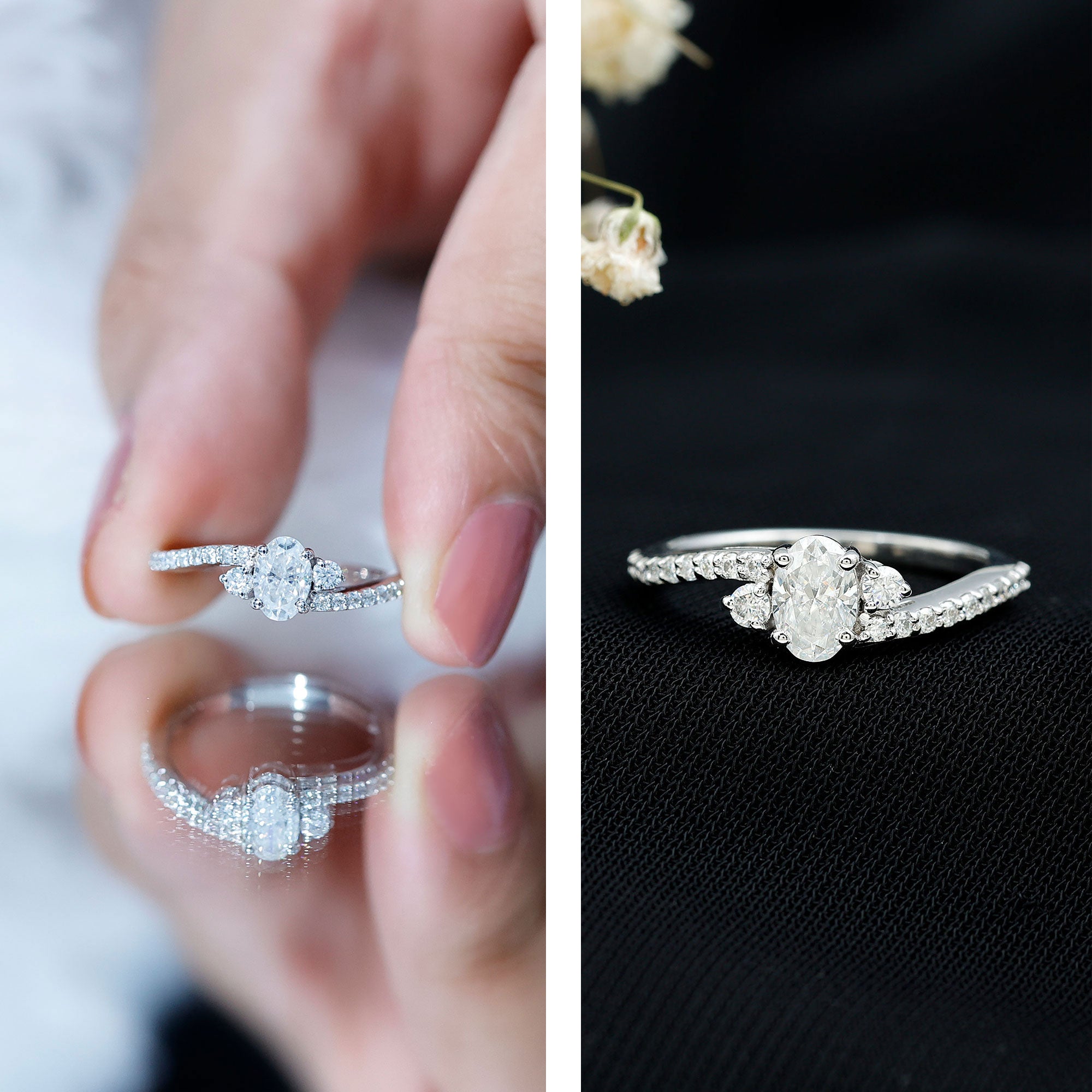 Oval Moissanite Bypass Engagement Ring with Side Stones