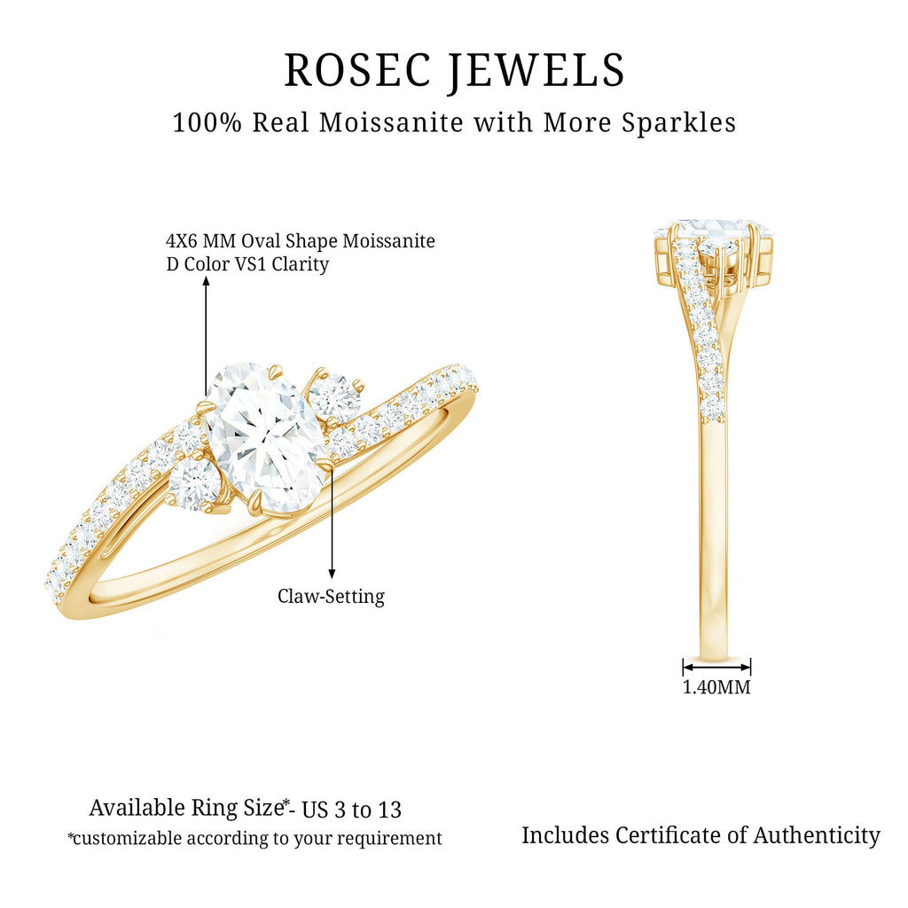 Oval Moissanite Bypass Engagement Ring with Side Stones