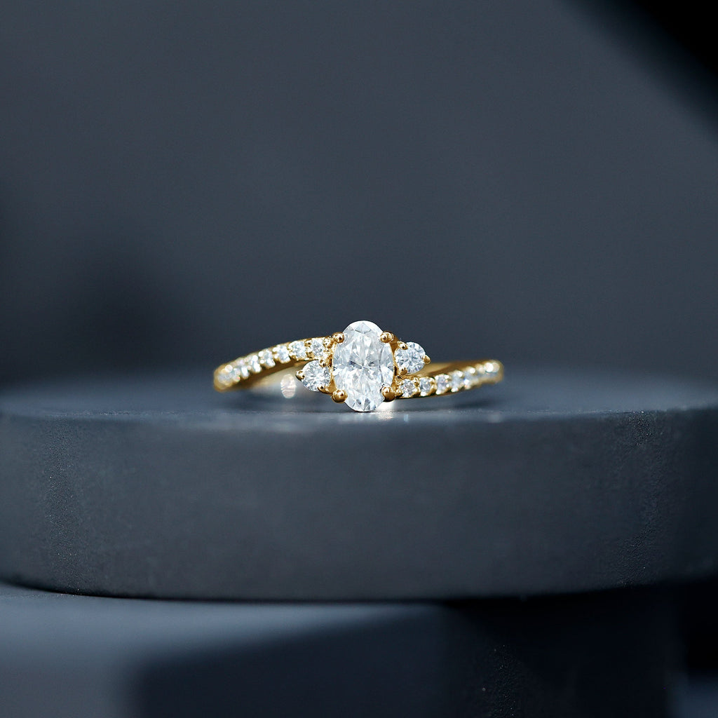 Oval Moissanite Bypass Engagement Ring with Side Stones