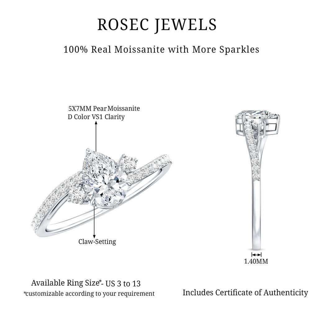 Pear Cut Moissanite Bypass Engagement Ring with Side Stones
