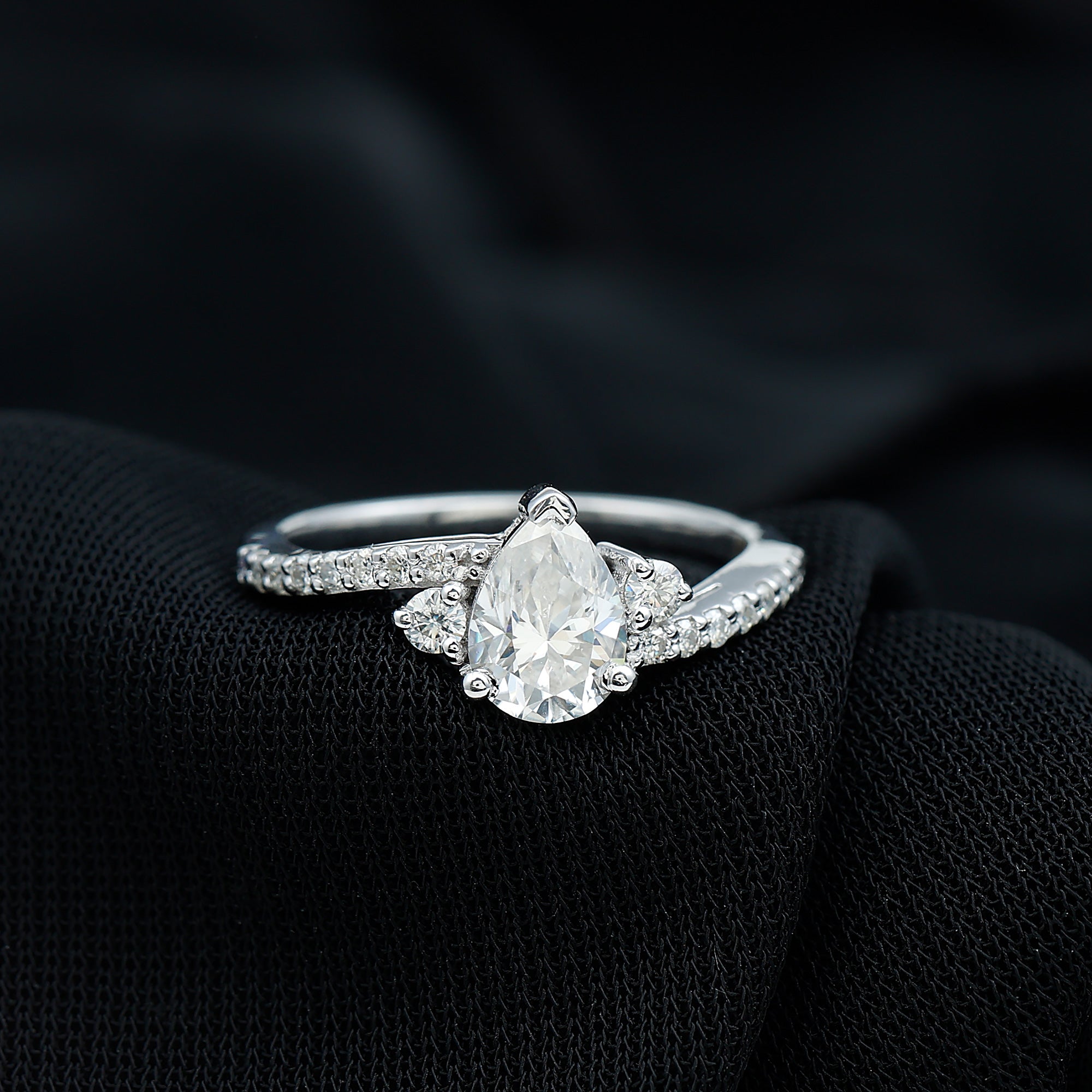 Pear Cut Moissanite Bypass Engagement Ring with Side Stones