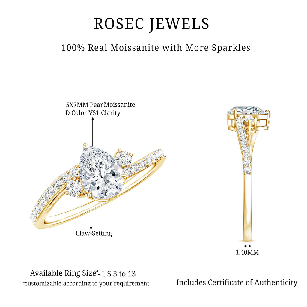 Pear Cut Moissanite Bypass Engagement Ring with Side Stones