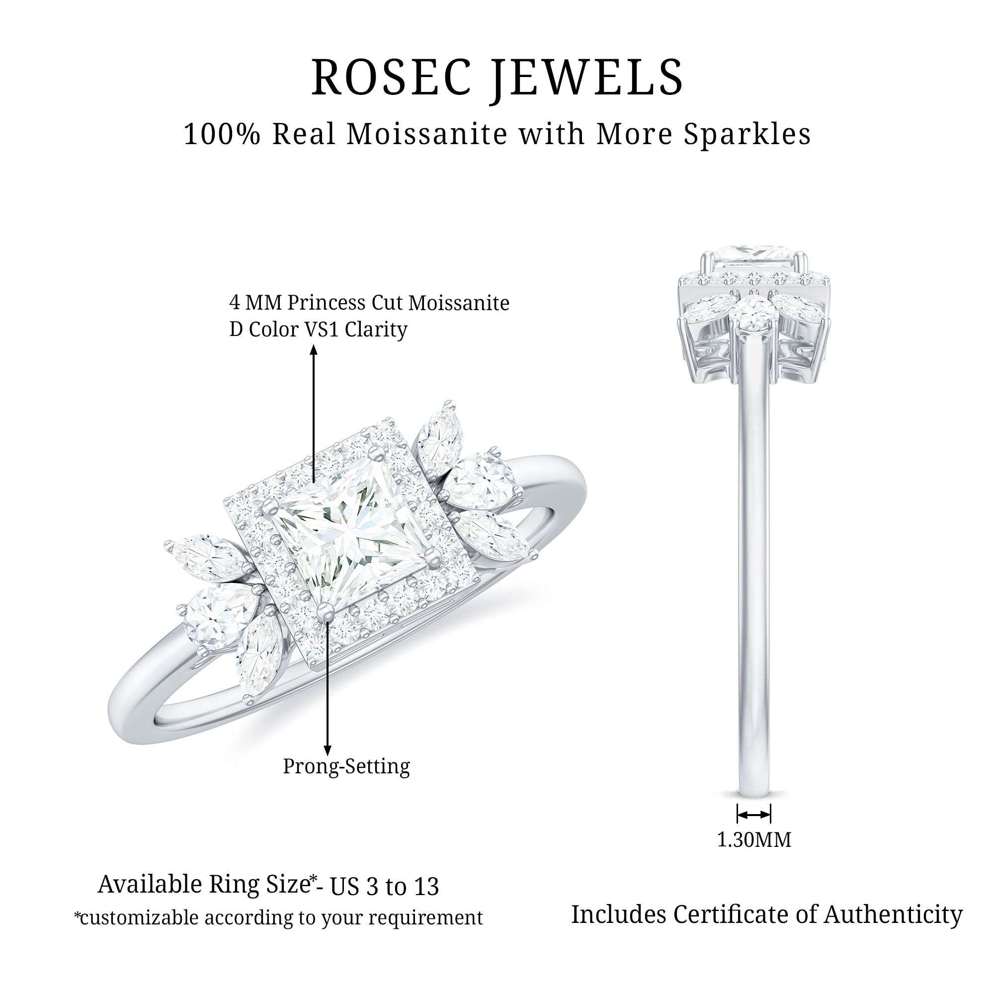 Princess Cut Moissanite Halo Engagement Ring with Certificate