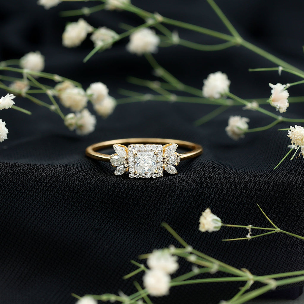 Princess Cut Moissanite Halo Engagement Ring with Certificate