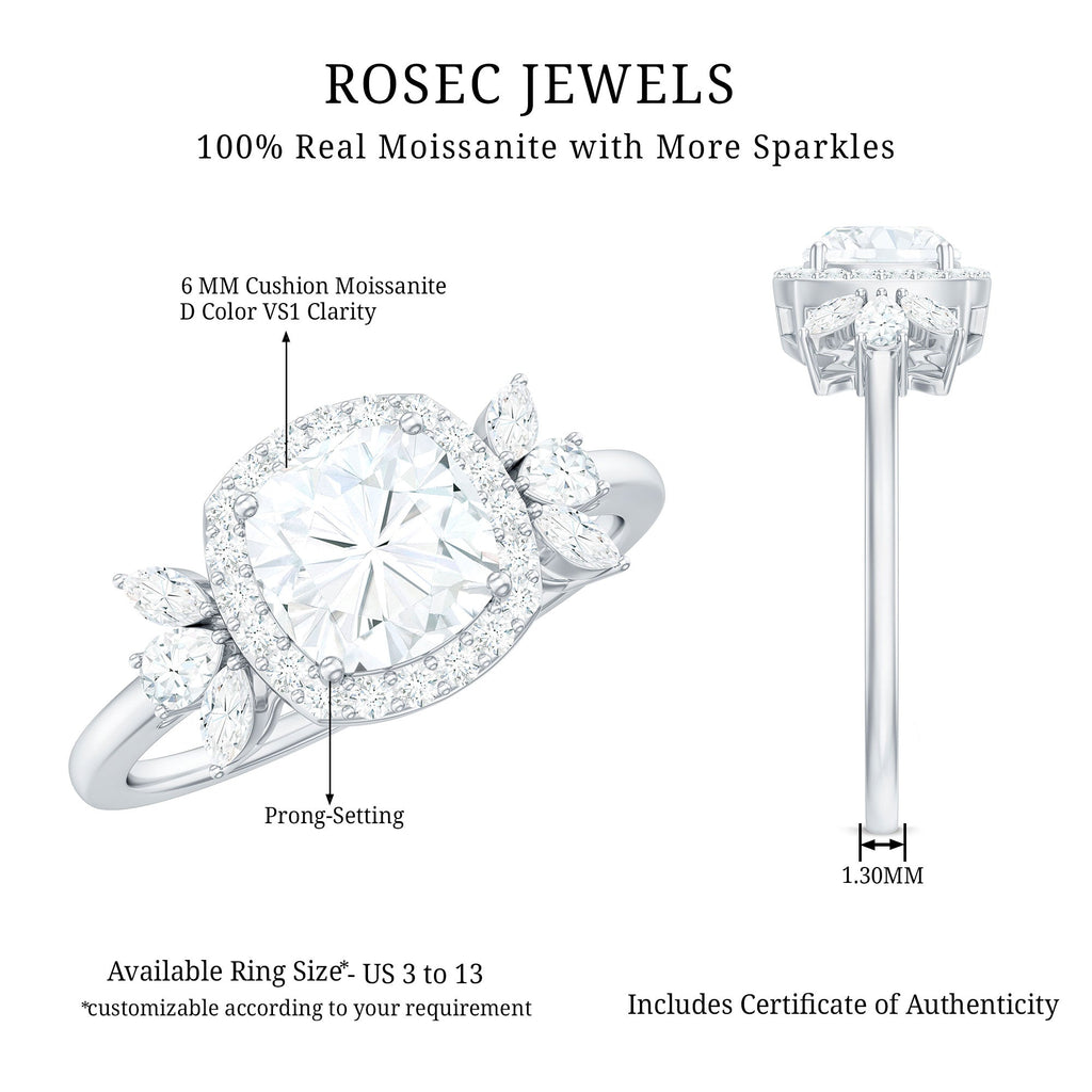 1.7 Carat Cushion Cut Moissanite Designer Halo Engagement Ring