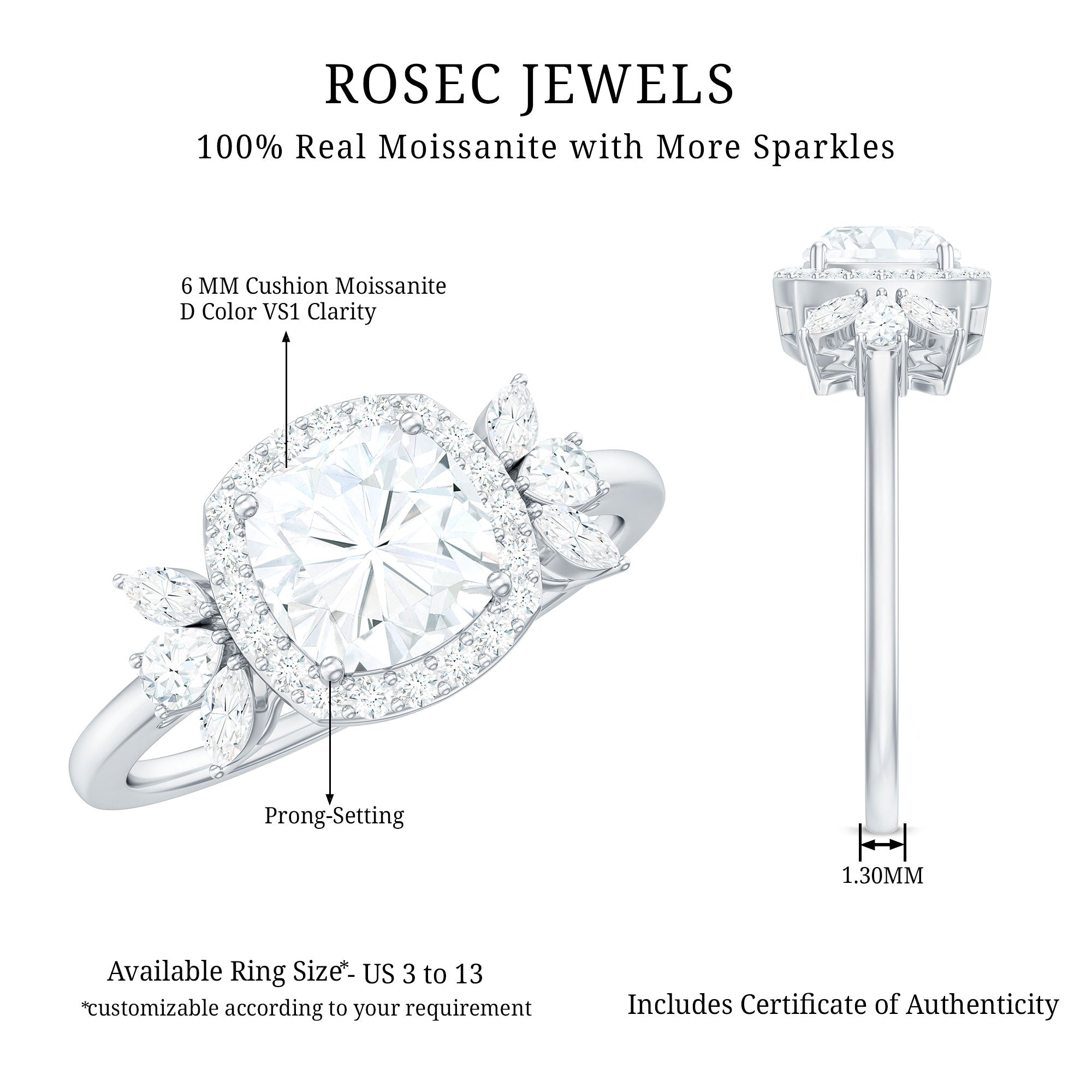 1.7 Carat Cushion Cut Moissanite Designer Halo Engagement Ring