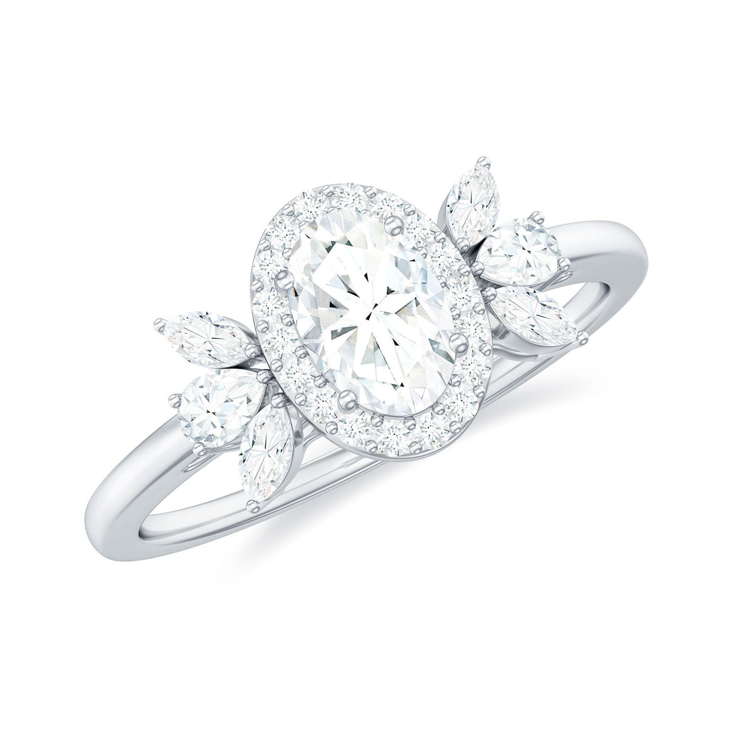 0.4 Carat Oval Cut Moissanite Halo Engagement Ring with Trio