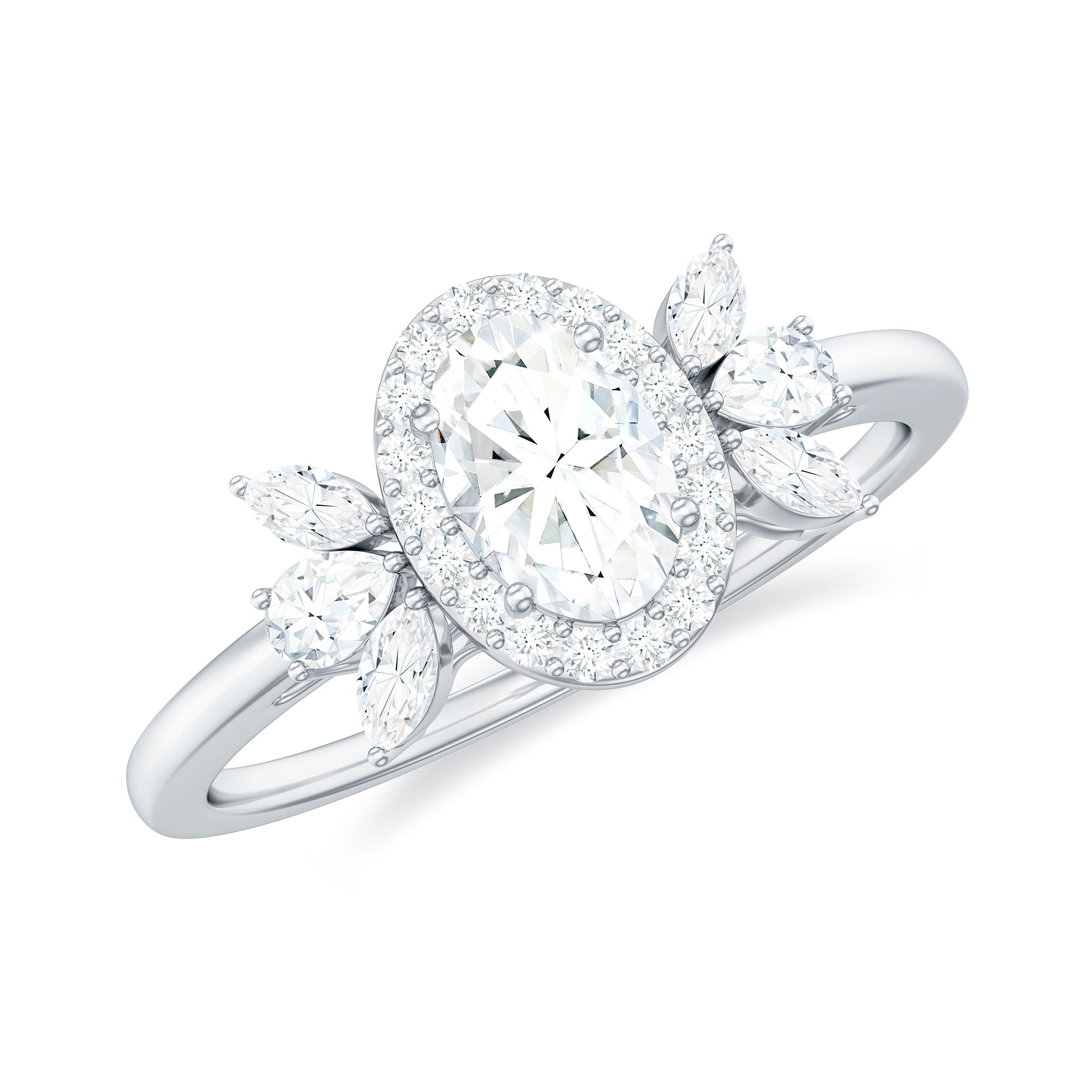 0.4 Carat Oval Cut Moissanite Halo Engagement Ring with Trio