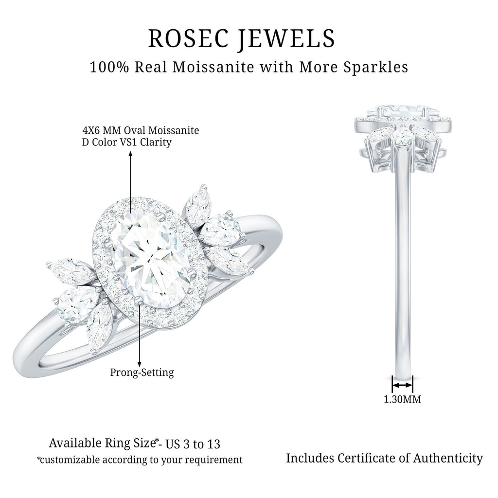 0.4 Carat Oval Cut Moissanite Halo Engagement Ring with Trio