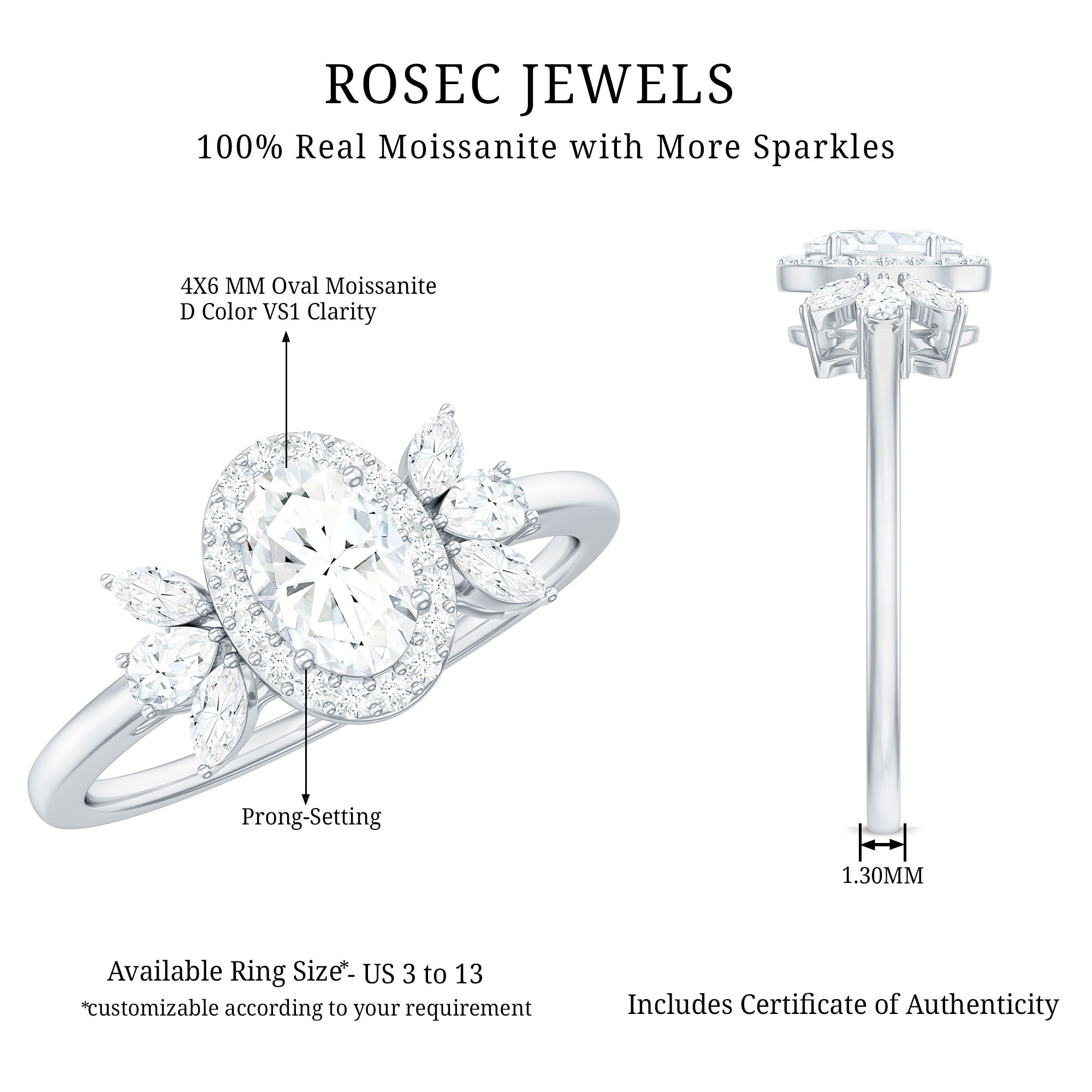 0.4 Carat Oval Cut Moissanite Halo Engagement Ring with Trio