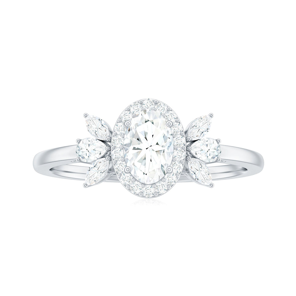 0.4 Carat Oval Cut Moissanite Halo Engagement Ring with Trio