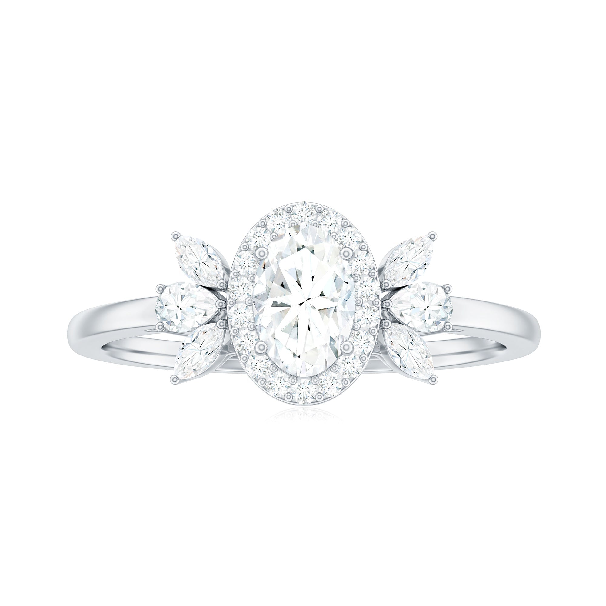 0.4 Carat Oval Cut Moissanite Halo Engagement Ring with Trio