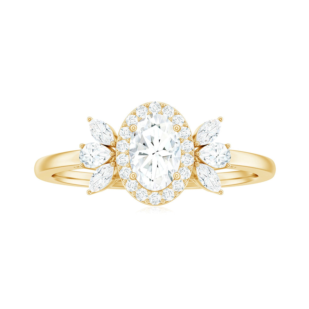 0.4 Carat Oval Cut Moissanite Halo Engagement Ring with Trio