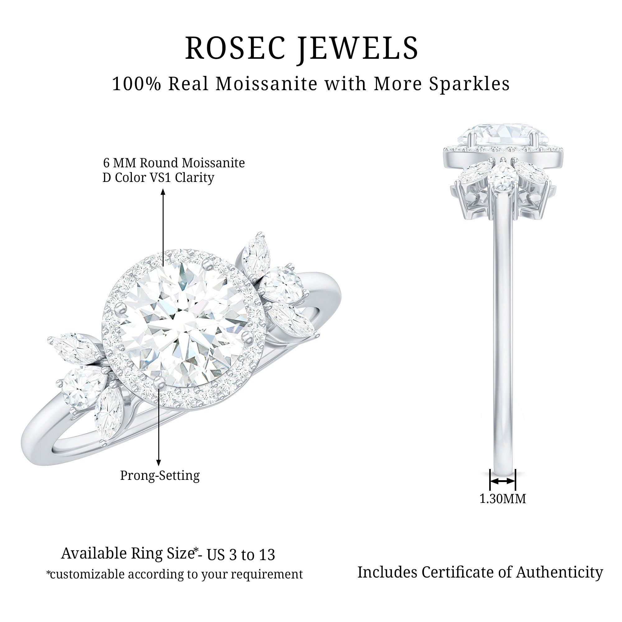 0.9 Carat Round Shape Moissanite Designer Halo Engagement Ring