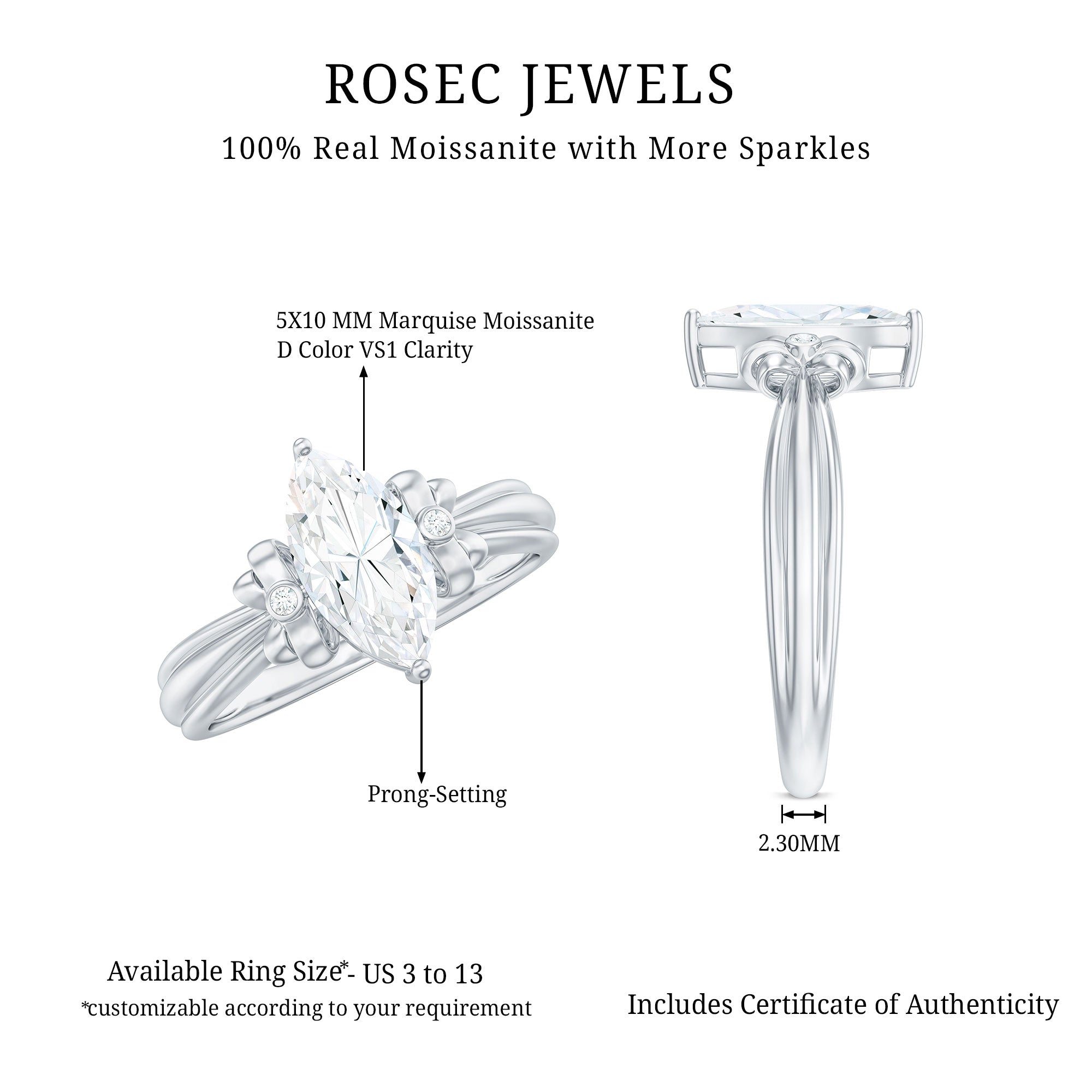1 Carat Brilliant Cut Certified Moissanite Statement Ring