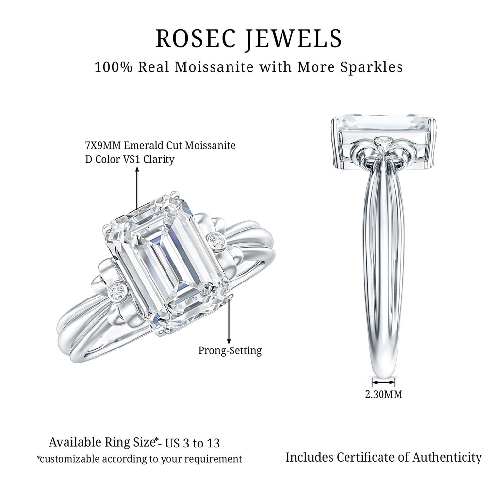 Certified Emerald Cut Moissanite Huge Engagement Ring