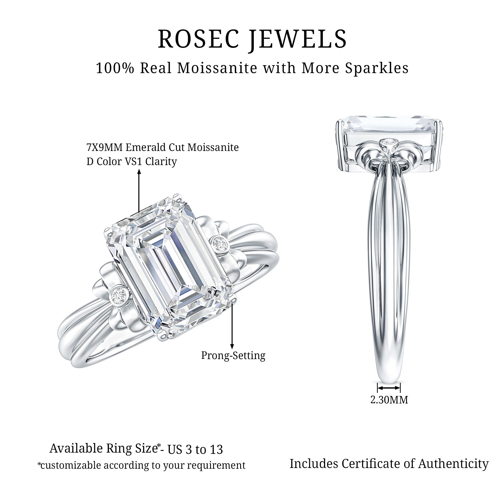 Certified Emerald Cut Moissanite Huge Engagement Ring