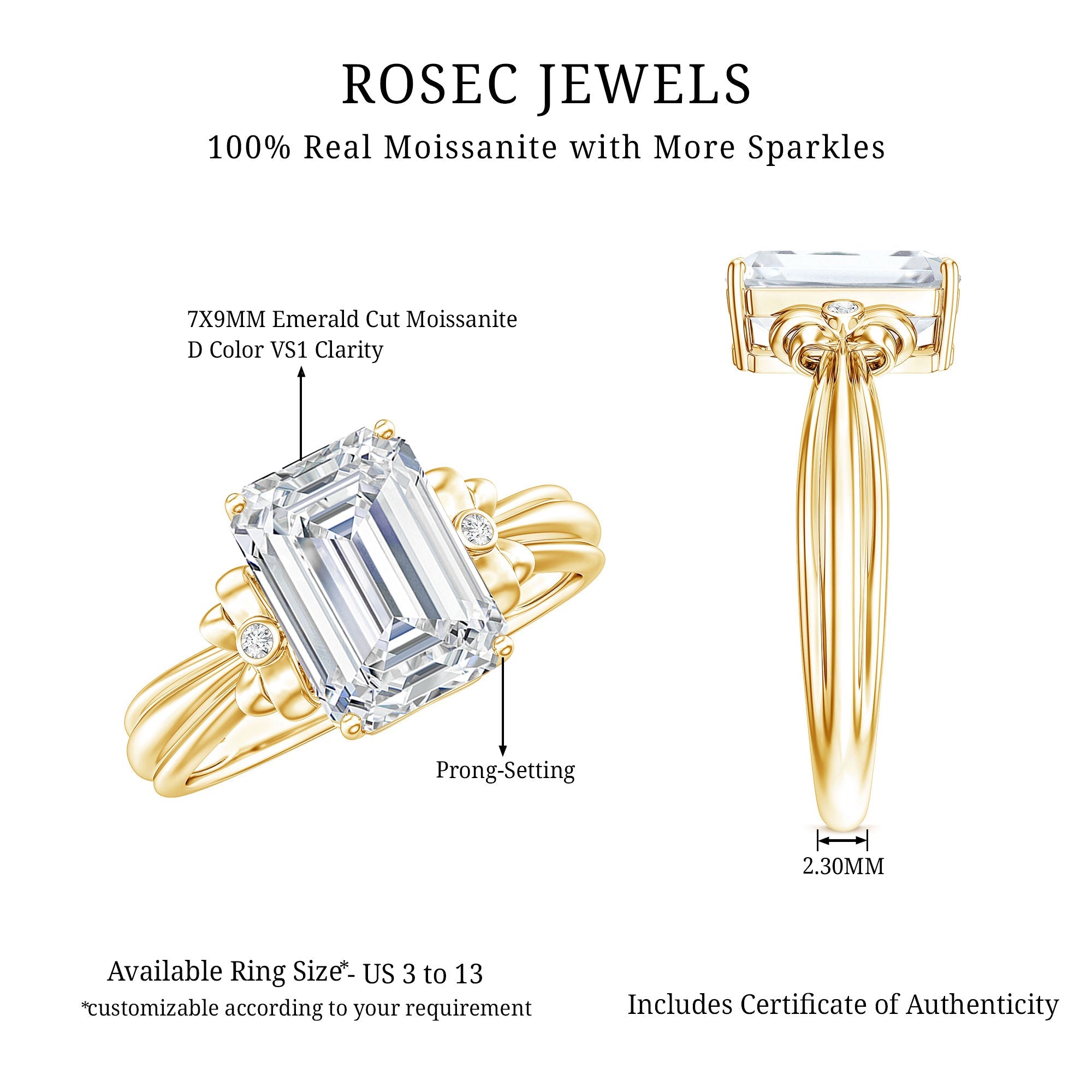 Certified Emerald Cut Moissanite Huge Engagement Ring