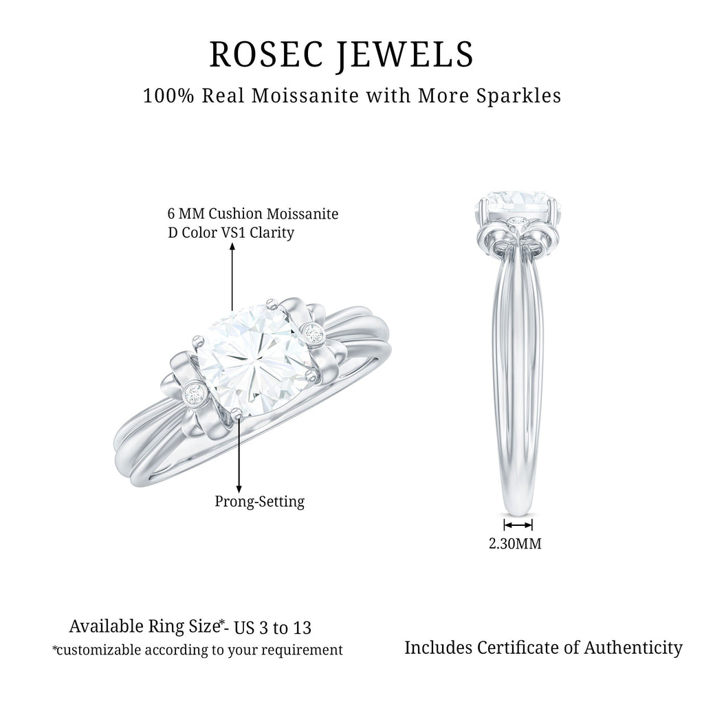 1.7 Carat Cushion Cut Moissanite Designer Solitaire Ring with Engraved Shank