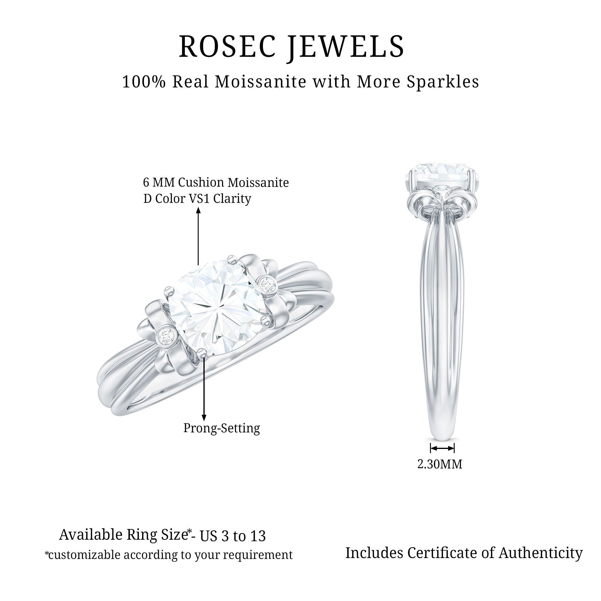 1.7 Carat Cushion Cut Moissanite Designer Solitaire Ring with Engraved Shank