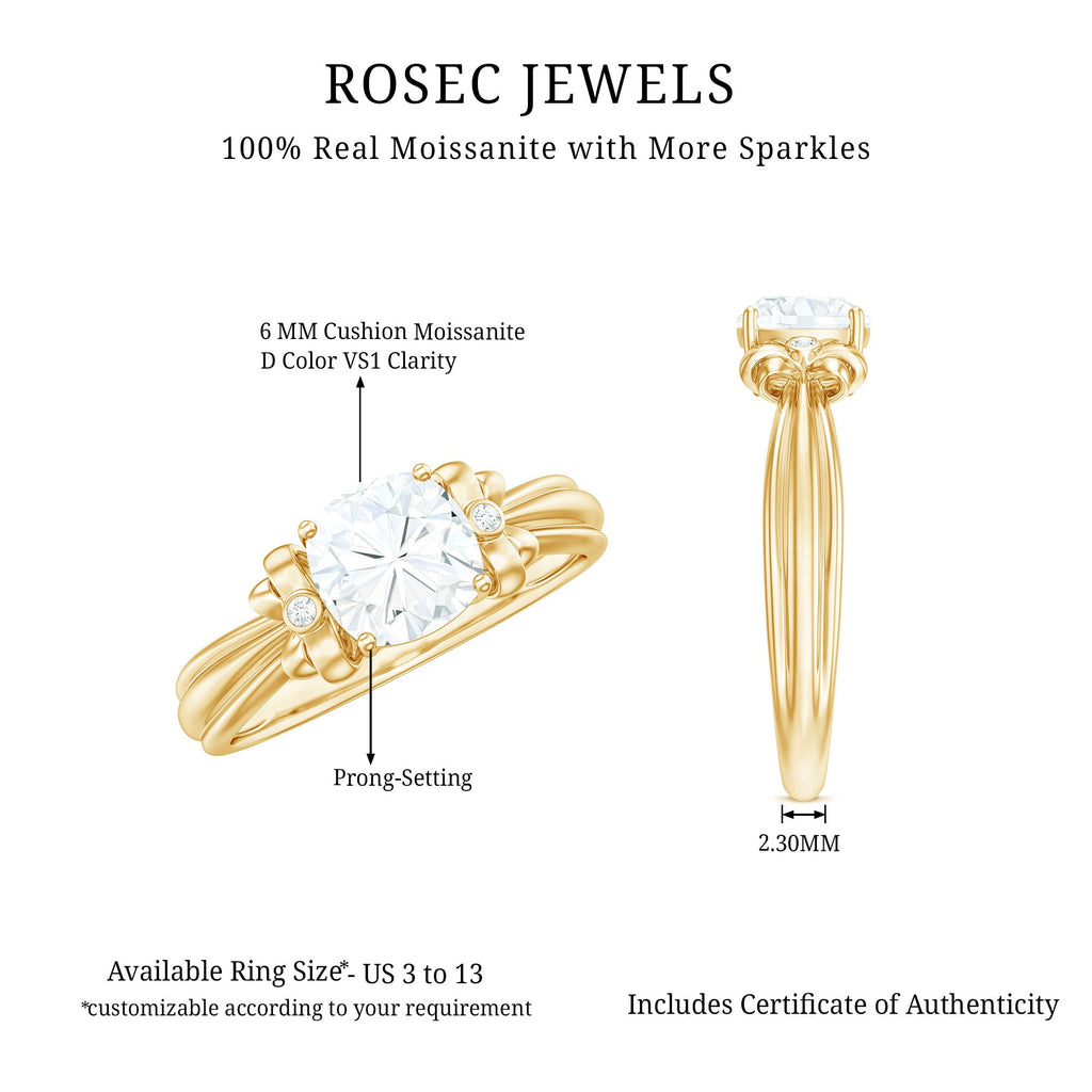 1.7 Carat Cushion Cut Moissanite Designer Solitaire Ring with Engraved Shank