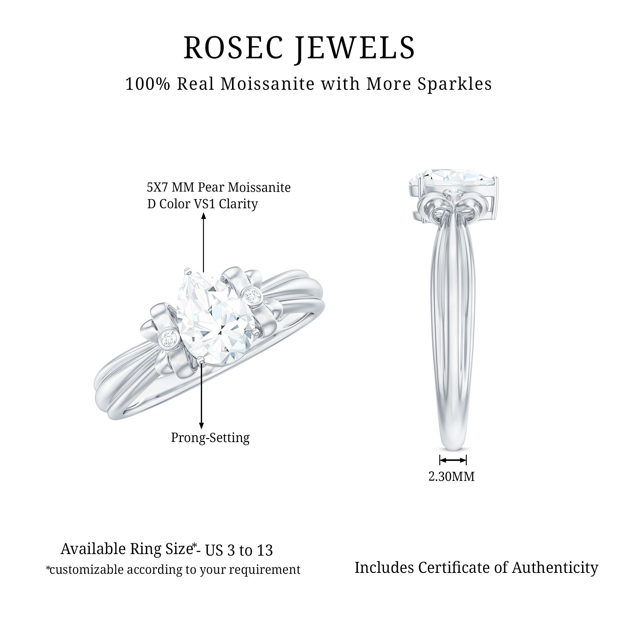 0.7 Carat Pear Shape Moissanite Bow Engagement Ring