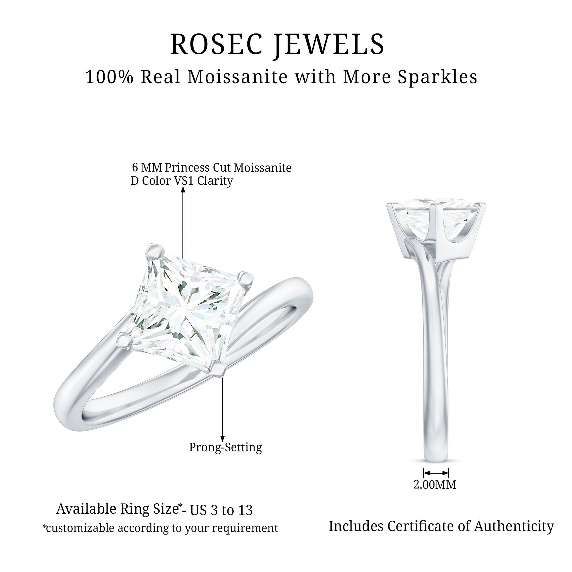 Princess Cut Moissanite Solitaire Bypass Promise Ring in Gold