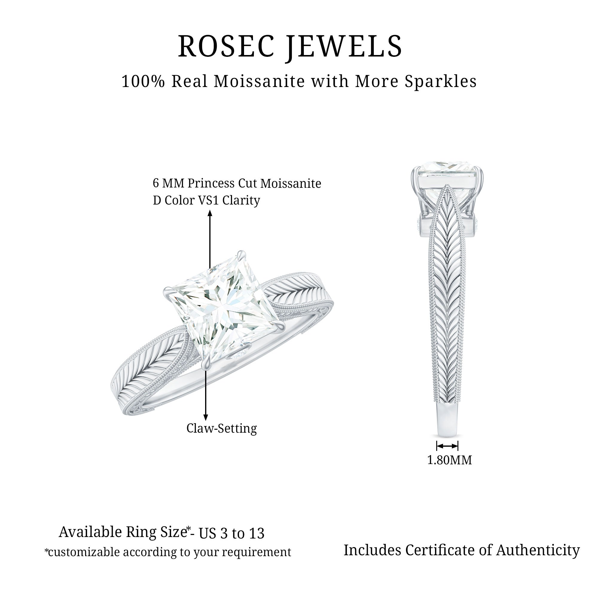 Princess Cut 1.2 Carat Moissanite Solitaire Engagement Ring
