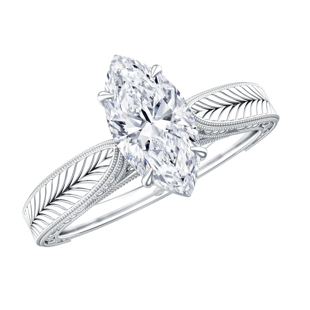 1 Carat Moissanite Marquise Engagement Ring with Leaf Engraved Shank