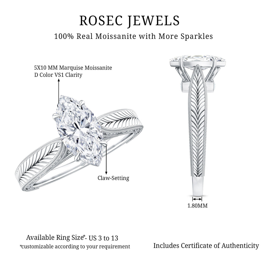 1 Carat Moissanite Marquise Engagement Ring with Leaf Engraved Shank