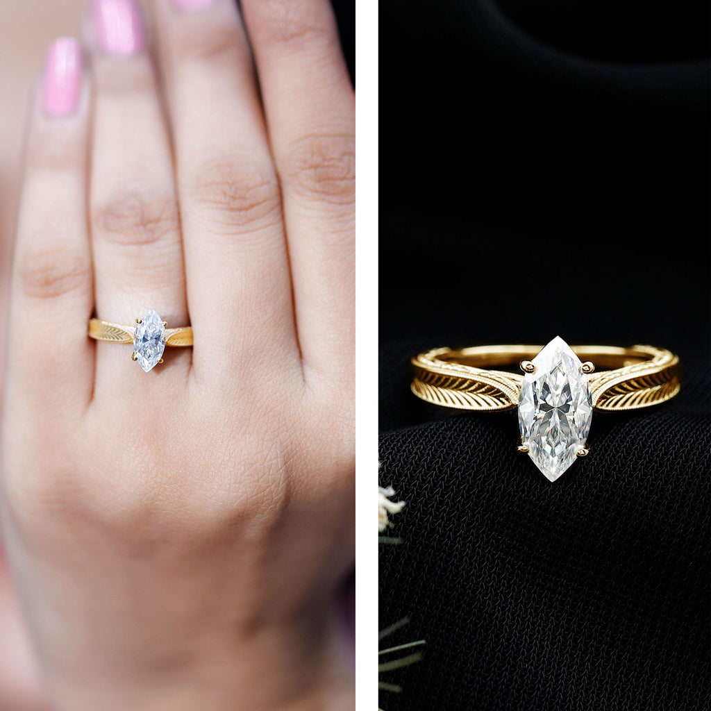 1 Carat Moissanite Marquise Engagement Ring with Leaf Engraved Shank