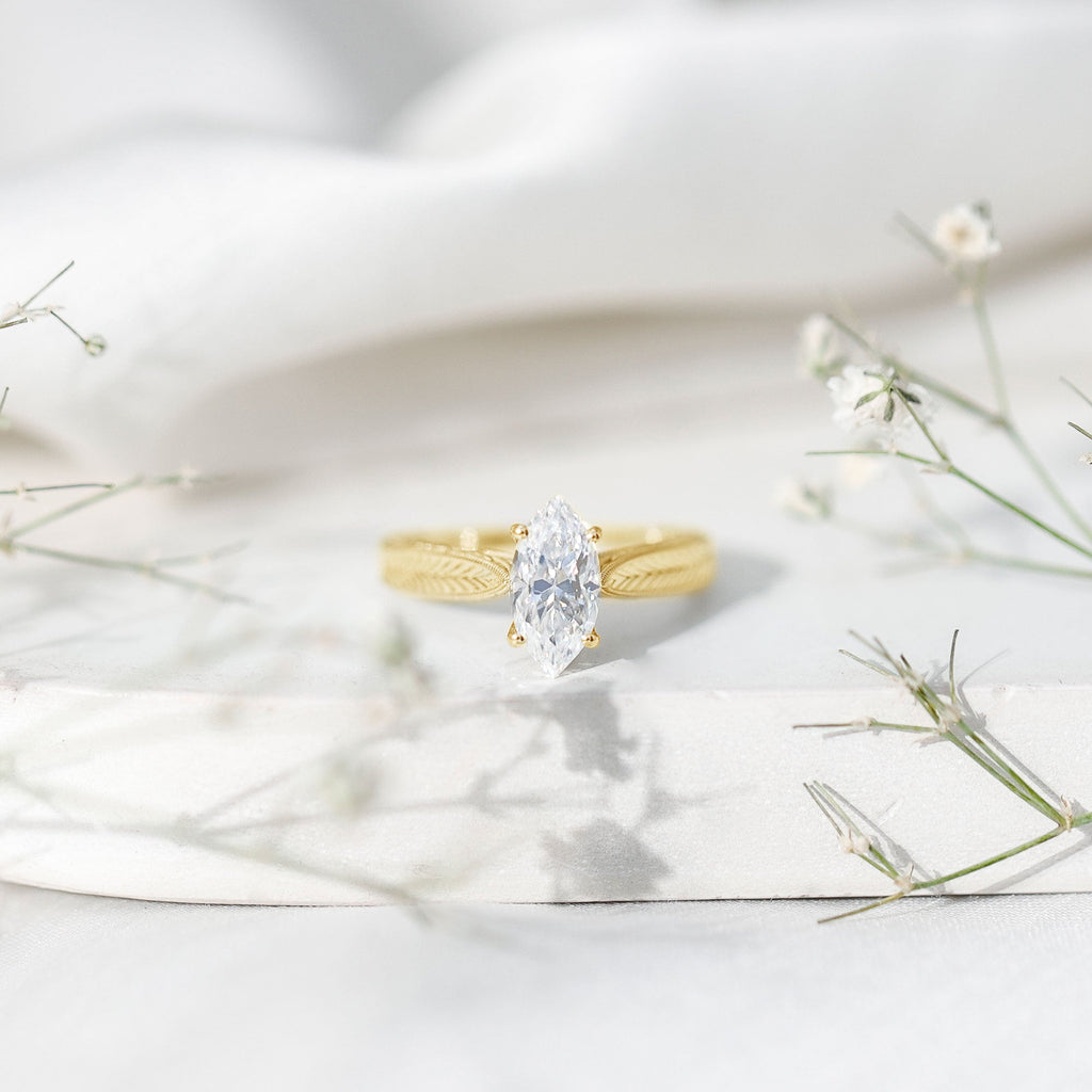 1 Carat Moissanite Marquise Engagement Ring with Leaf Engraved Shank