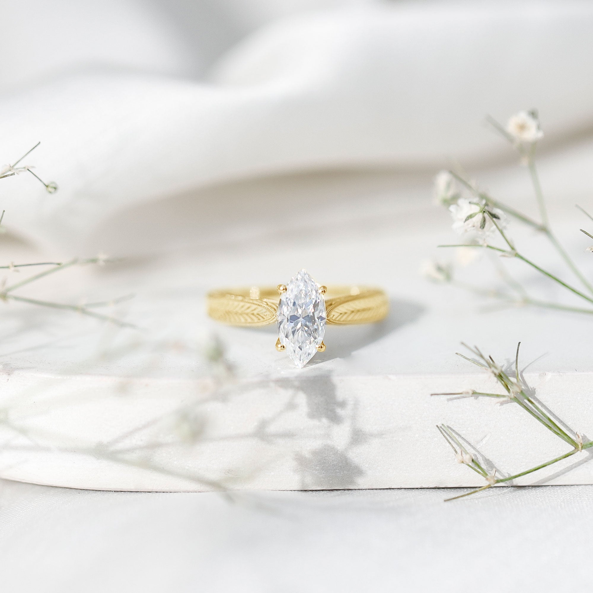 1 Carat Moissanite Marquise Engagement Ring with Leaf Engraved Shank