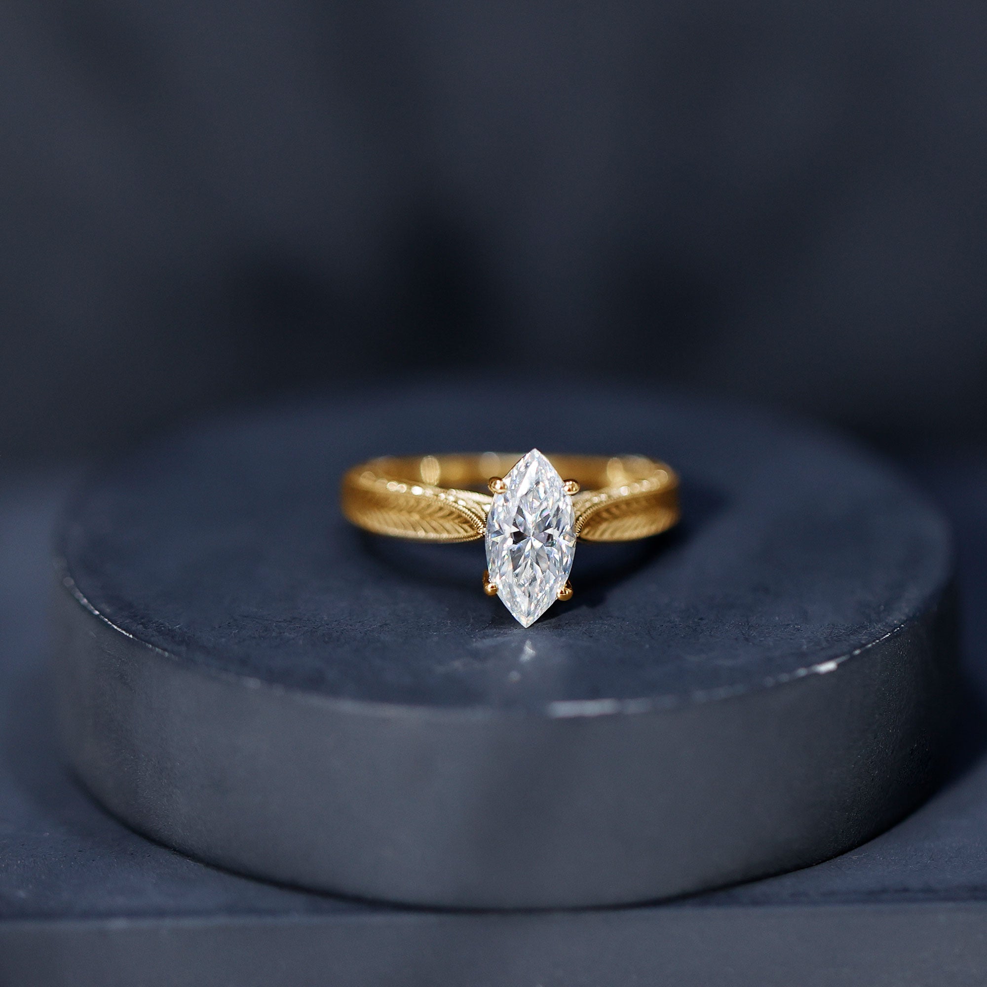 1 Carat Moissanite Marquise Engagement Ring with Leaf Engraved Shank