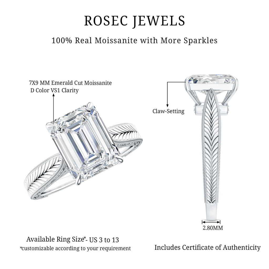 2.8 Carat Emerald Cut Certified Moissanite Vintage Inspired Engagement Ring