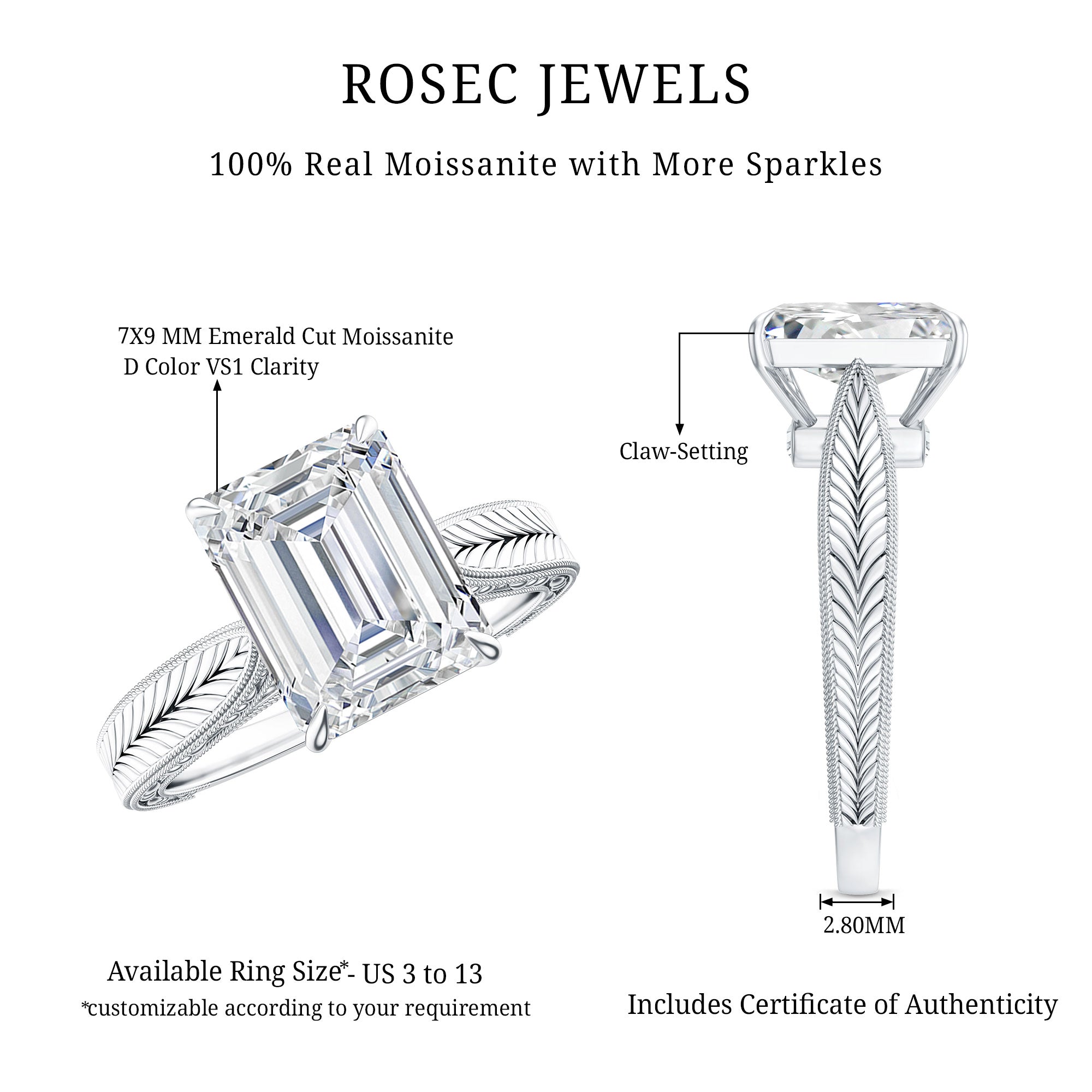 2.8 Carat Emerald Cut Certified Moissanite Vintage Inspired Engagement Ring