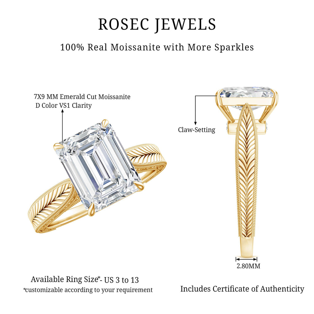 2.8 Carat Emerald Cut Certified Moissanite Vintage Inspired Engagement Ring