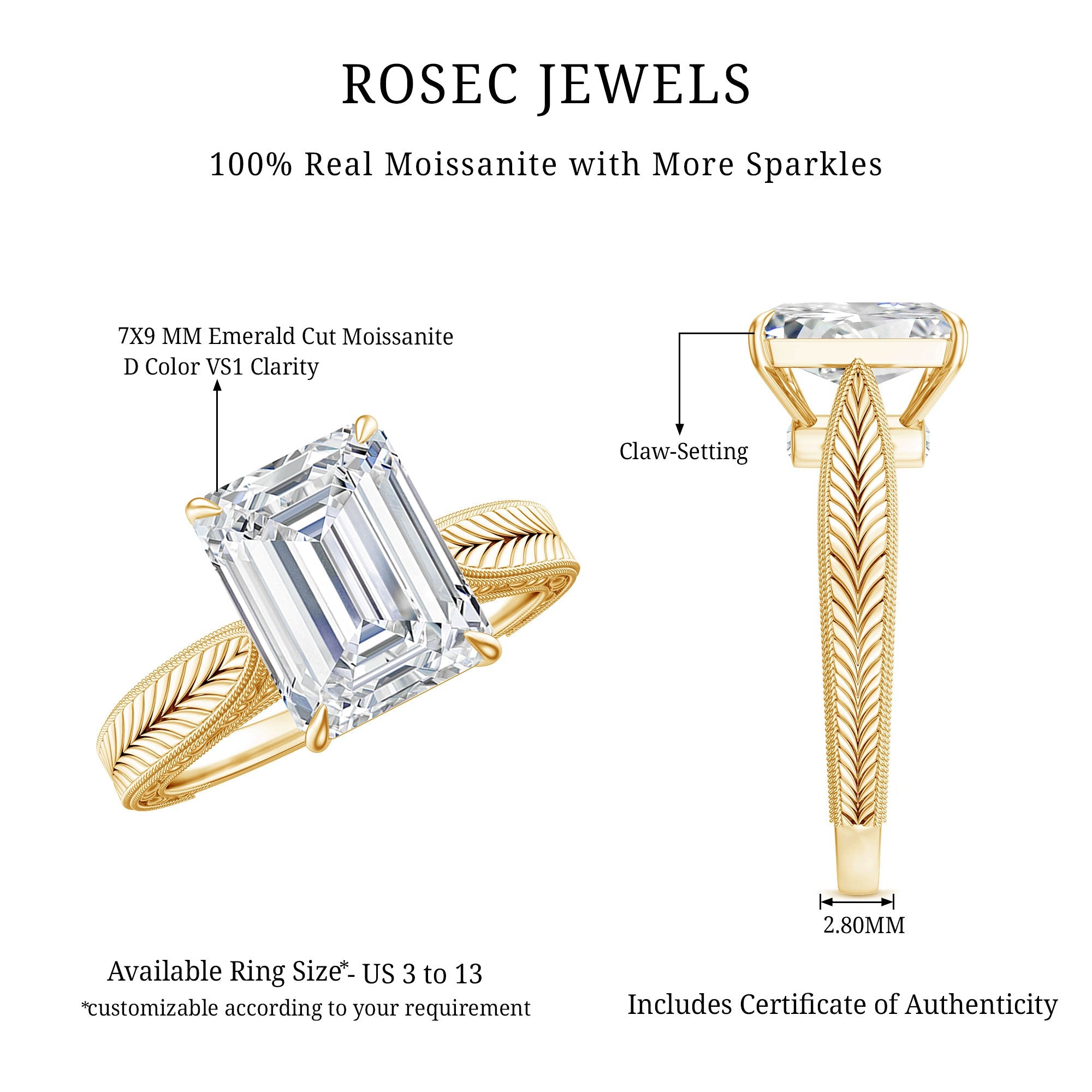 2.8 Carat Emerald Cut Certified Moissanite Vintage Inspired Engagement Ring