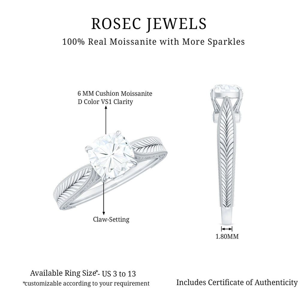 1.7 Carat Cushion Cut Moissanite Solitaire Vintage Inspired Engagement Ring