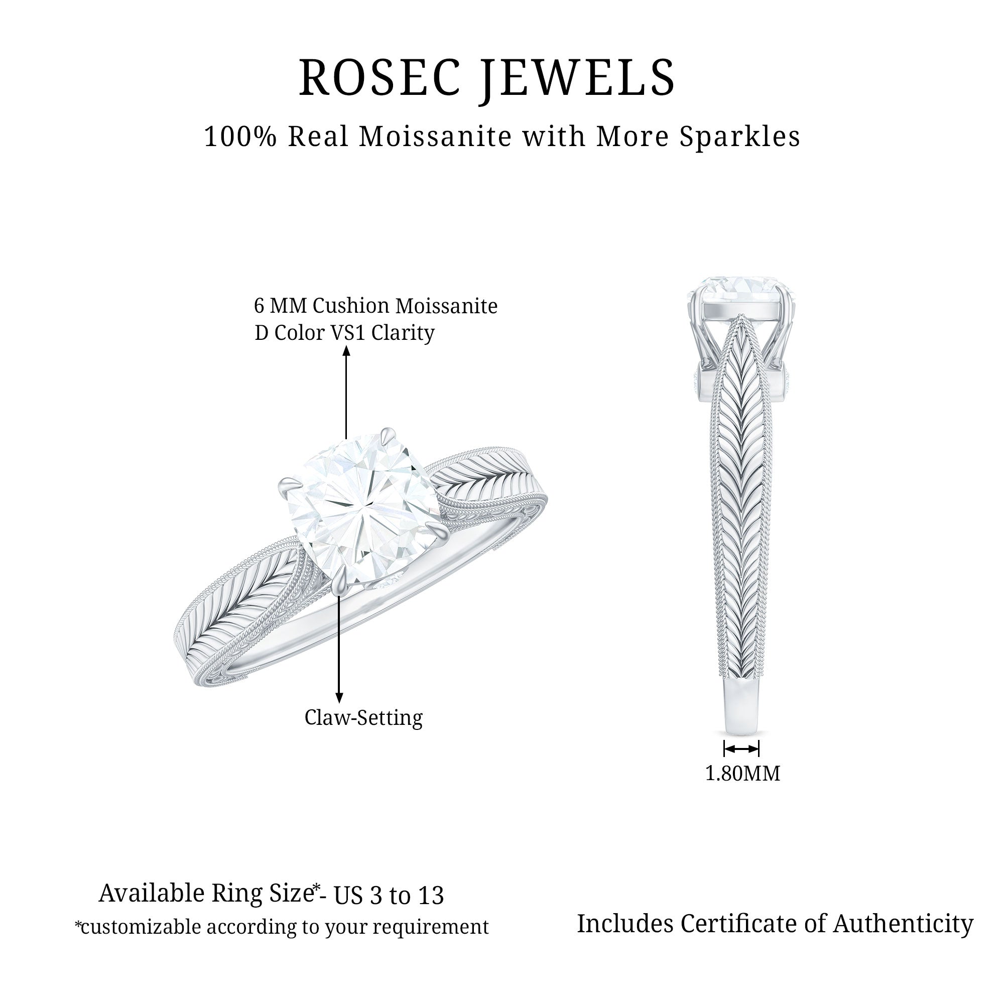 1.7 Carat Cushion Cut Moissanite Solitaire Vintage Inspired Engagement Ring